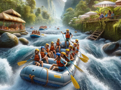 Adventurous group river rafting among Bali's lush greenery and rushing rapids