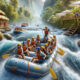 Adventurous group river rafting among Bali's lush greenery and rushing rapids