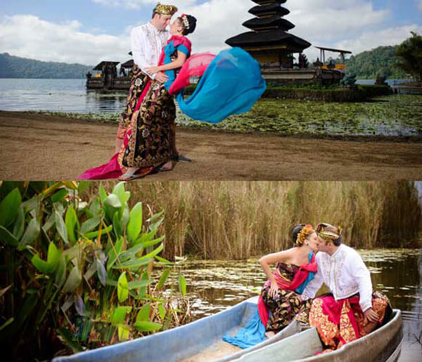 Pre-wedding couple in vibrant attire at Pura Ulun Danu Beratan, Bali's iconic temple