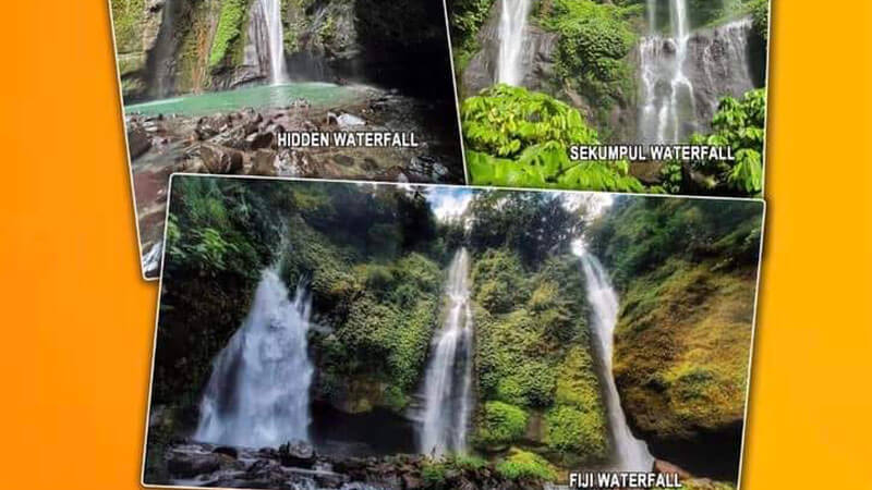 Collage of Sekumpul Cascade, Hidden Waterfall and Fiji Waterfall as part of a long trekking package in Bali