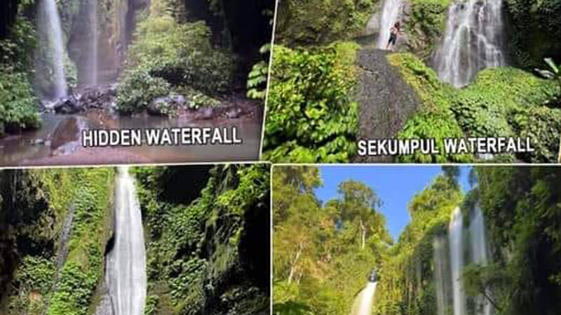 The Sekumpul Cascade and Hidden Waterfall collage shows the beauty of various waterfalls available for the medium trekking package