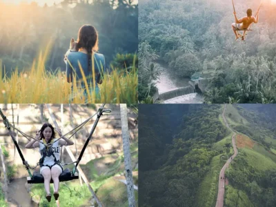 Visitors enjoy the natural views of Ubud, Bali; swinging on the Bali Swing; trekking on Campuhan Hill; and take photos in the Tegalalang rice terraces.