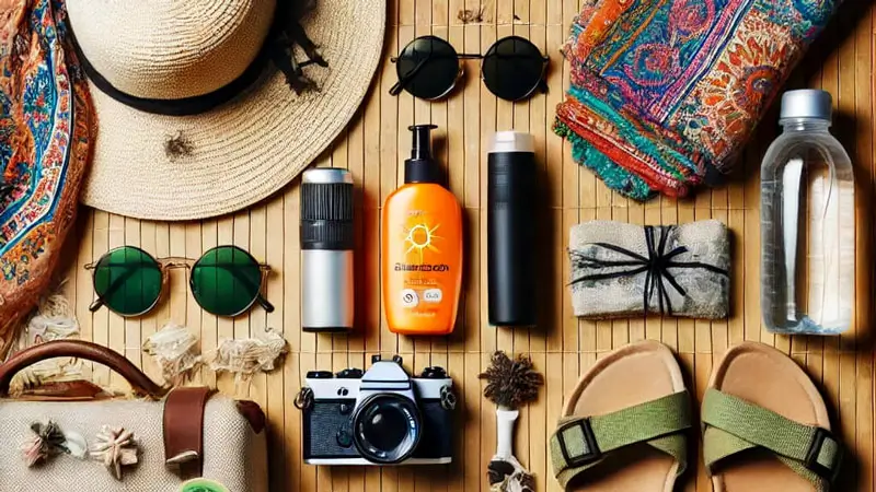 Flat lay of Ubud travel essentials, including sun hat, sarong, sunscreen, sandals, and sunglasses.