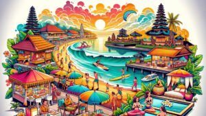 Colorful illustration of Seminyak's dynamic beach life with surfing, dining, and temples