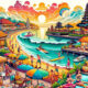 Colorful illustration of Seminyak's dynamic beach life with surfing, dining, and temples