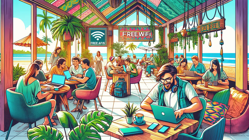 Photo Illustrations,Digital nomad in a bustling Bali café with free Wi-Fi, networking with travelers