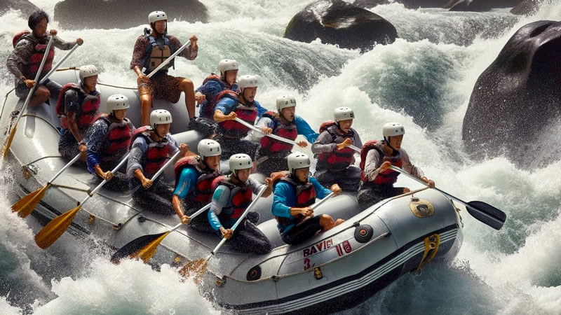 Experienced rafters navigate Class 6 whitewater rapids in Bali's lush landscape.