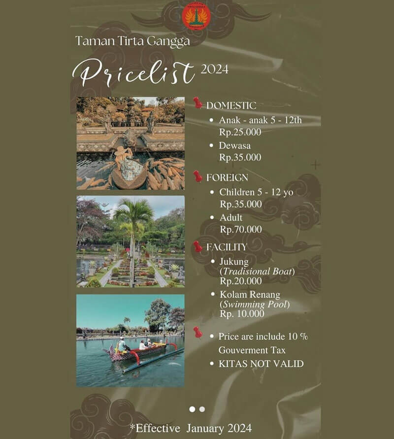 Tirta Gangga Bali Pricelist for Domestic and Foreign Visitors with Facility Costs