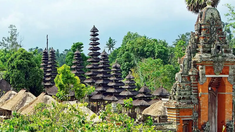 Taman Ayun Temple in Bali with its distinctive meru-towers and tropical vegetation