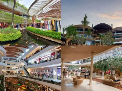 Collage of top shopping destinations in Bali, including Beachwalk Shopping Mall, ICON Bali Mall, and Seminyak Village Mall.