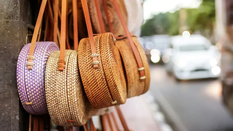 Handwoven bags on display at Kuta Art Market