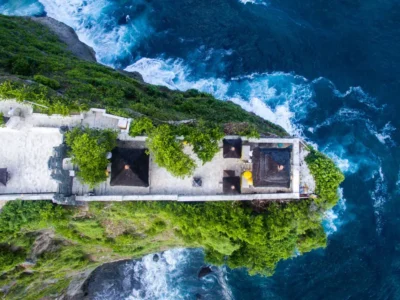 Bali's Uluwatu Luhur Temple from the Air on a Cliff Overlooking the Indian Ocean