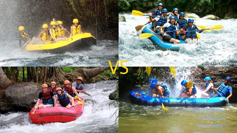 Side-by-side photos showcasing the different landscapes of Telaga Waja and Ayung Rivers.