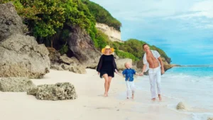 Family enjoying beach activities during a vacation in Bali.