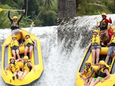 Excited tourists rafting down a 5-meter waterfall drop at Telaga Waja River in Bali, experiencing an adrenaline-pumping whitewater adventure.