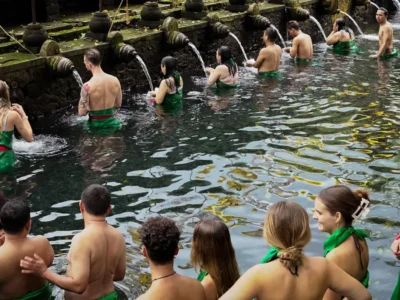 Visitors performing the Melukat purification ritual at Tirta Empul Temple Bali, a sacred Hindu water temple in Tampaksiring.